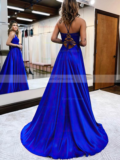 A-line V-neck Silk-like Satin Sweep Train Prom Dresses With Appliques Lace #Favs020115912