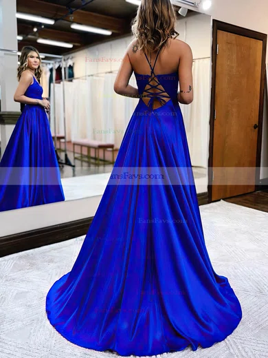 A-line V-neck Silk-like Satin Sweep Train Prom Dresses With Appliques Lace #Favs020115912