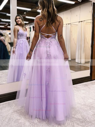 Princess V-neck Tulle Glitter Floor-length Prom Dresses With Appliques Lace #Favs020115913