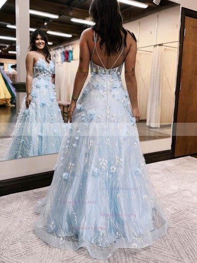 Princess V-neck Tulle Floor-length Prom Dresses With Flower(s) #Favs020115914