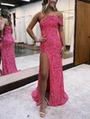 Sheath/Column One Shoulder Sequined Sweep Train Prom Dresses With Split Front #Favs020115915