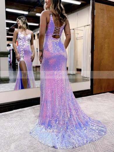 Sheath/Column V-neck Sequined Sweep Train Prom Dresses With Appliques Lace #Favs020115916