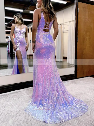 Sheath/Column V-neck Sequined Sweep Train Prom Dresses With Appliques Lace #Favs020115916