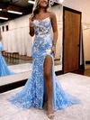 Sheath/Column Scoop Neck Tulle Glitter Sweep Train Prom Dresses With Appliques Lace #Favs020115918