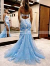 Sheath/Column Scoop Neck Tulle Glitter Sweep Train Prom Dresses With Appliques Lace #Favs020115918