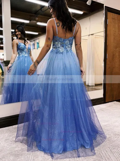 A-line V-neck Glitter Floor-length Prom Dresses With Appliques Lace #Favs020115921