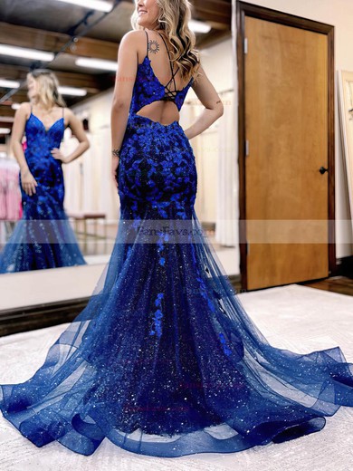 Trumpet/Mermaid V-neck Tulle Glitter Sweep Train Prom Dresses With Appliques Lace #Favs020115924