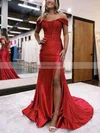 Sheath/Column Off-the-shoulder Silk-like Satin Sweep Train Prom Dresses With Appliques Lace #Favs020115925