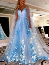 A-line V-neck Tulle Glitter Sweep Train Prom Dresses With Flower(s) #Favs020115926
