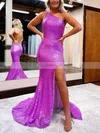 Sheath/Column One Shoulder Sequined Sweep Train Prom Dresses With Split Front #Favs020115928
