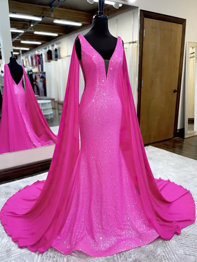 Trumpet/Mermaid V-neck Sequined Sweep Train Prom Dresses #Favs020115929