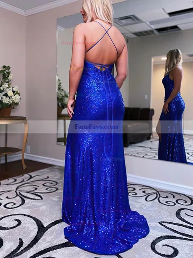 Sheath/Column V-neck Sequined Sweep Train Prom Dresses With Split Front #Favs020115932