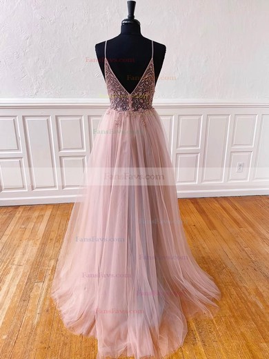 A-line V-neck Tulle Sweep Train Prom Dresses With Beading #Favs020115938