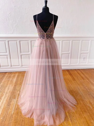 A-line V-neck Tulle Sweep Train Prom Dresses With Beading #Favs020115938