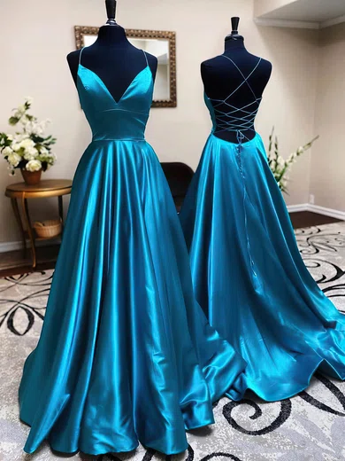 A-line V-neck Satin Sweep Train Prom Dresses #Favs020115940