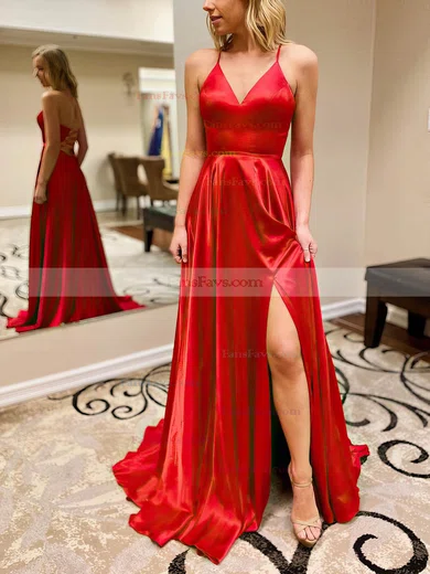 A-line V-neck Silk-like Satin Sweep Train Prom Dresses With Pockets #Favs020115942