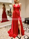 A-line V-neck Silk-like Satin Sweep Train Prom Dresses With Pockets #Favs020115942