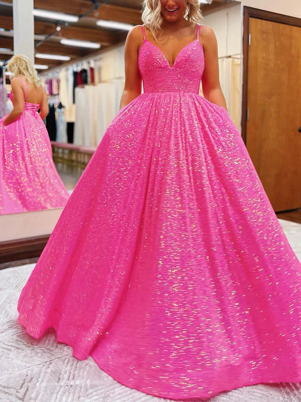 Ball Gown V-neck Sequined Sweep Train Prom Dresses With Pockets #Favs020115943
