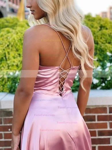 A-line Square Neckline Silk-like Satin Sweep Train Prom Dresses With Split Front #Favs020115944