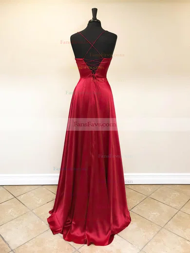 A-line Square Neckline Silk-like Satin Sweep Train Prom Dresses With Split Front #Favs020115944