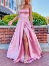 A-line Square Neckline Silk-like Satin Sweep Train Prom Dresses With Split Front #Favs020115944