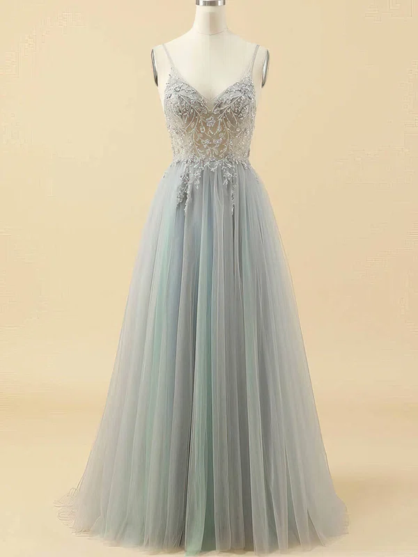 A-line V-neck Tulle Floor-length Prom Dresses With Beading #Favs020115947