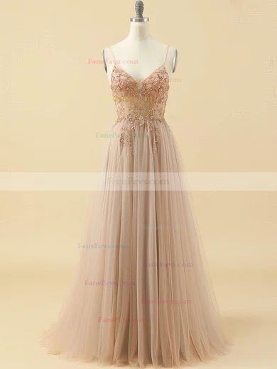 A-line V-neck Tulle Floor-length Prom Dresses With Beading #Favs020115947