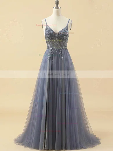 A-line V-neck Tulle Floor-length Prom Dresses With Beading #Favs020115947