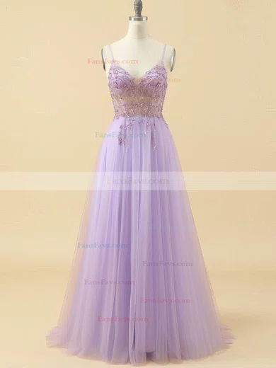 A-line V-neck Tulle Floor-length Prom Dresses With Beading #Favs020115947