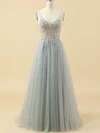 A-line V-neck Tulle Floor-length Prom Dresses With Beading #Favs020115947