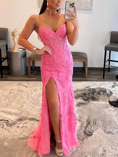 Sheath/Column Sweetheart Tulle Sweep Train Prom Dresses With Appliques Lace #Favs020115948