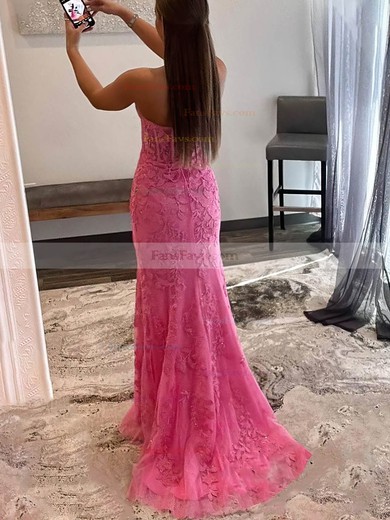 Sheath/Column Sweetheart Tulle Sweep Train Prom Dresses With Appliques Lace #Favs020115948