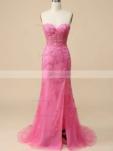 Sheath/Column Sweetheart Tulle Sweep Train Prom Dresses With Appliques Lace #Favs020115948