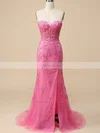 Sheath/Column Sweetheart Tulle Sweep Train Prom Dresses With Appliques Lace #Favs020115948