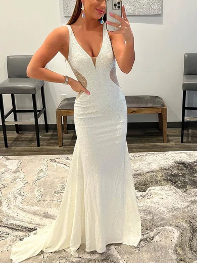 Trumpet/Mermaid V-neck Silk-like Satin Sweep Train Prom Dresses With Beading #Favs020115949