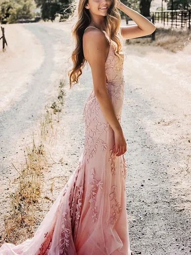 Trumpet/Mermaid Scoop Neck Tulle Sweep Train Prom Dresses With Appliques Lace #Favs020115951