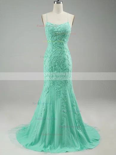 Trumpet/Mermaid Scoop Neck Tulle Sweep Train Prom Dresses With Appliques Lace #Favs020115952