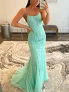Trumpet/Mermaid Scoop Neck Tulle Sweep Train Prom Dresses With Appliques Lace #Favs020115952