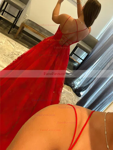 A-line Scoop Neck Tulle Sweep Train Prom Dresses With Appliques Lace #Favs020115953