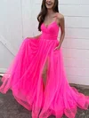 A-line V-neck Tulle Sweep Train Prom Dresses With Pockets #Favs020115954