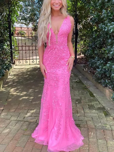 Trumpet/Mermaid V-neck Tulle Sweep Train Prom Dresses With Appliques Lace #Favs020115955