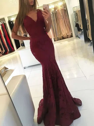 Trumpet/Mermaid V-neck Lace Sweep Train Prom Dresses #Favs020105788 Trumpet/Mermaid V-neck Lace Sweep Train Prom Dresses #Favs020105788