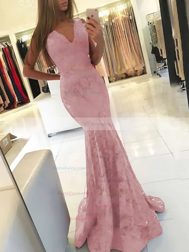Trumpet/Mermaid V-neck Lace Sweep Train Prom Dresses #Favs020105788