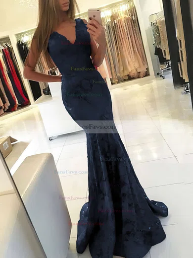 Trumpet/Mermaid V-neck Lace Sweep Train Prom Dresses #Favs020105788