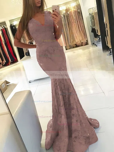 Trumpet/Mermaid V-neck Lace Sweep Train Prom Dresses #Favs020105788