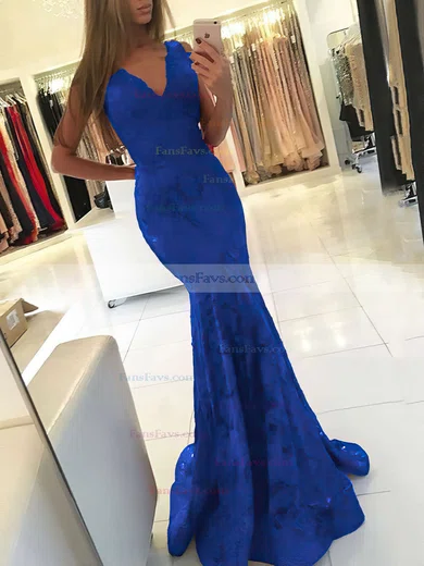 Trumpet/Mermaid V-neck Lace Sweep Train Prom Dresses #Favs020105788