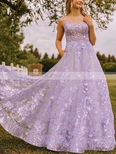 A-line Square Neckline Tulle Sweep Train Prom Dresses With Appliques Lace #Favs020115956
