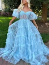 A-line Off-the-shoulder Tulle Sweep Train Prom Dresses With Tiered #Favs020115958