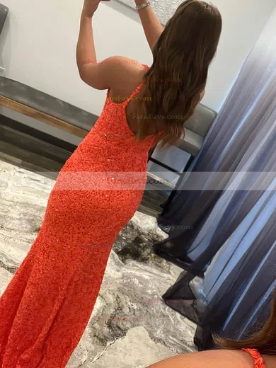 Sheath/Column V-neck Sequined Sweep Train Prom Dresses With Split Front #Favs020115960