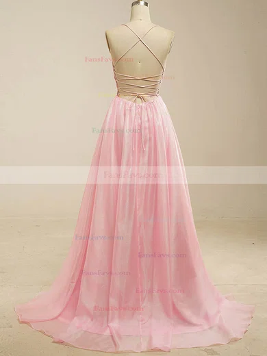 A-line V-neck Glitter Sweep Train Prom Dresses #Favs020115961